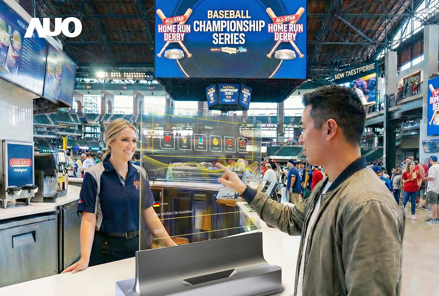 AUO promotional visual of its transparent 42-inch multilingual ordering display at a stadium refreshment counter, retaining the AUO logo.