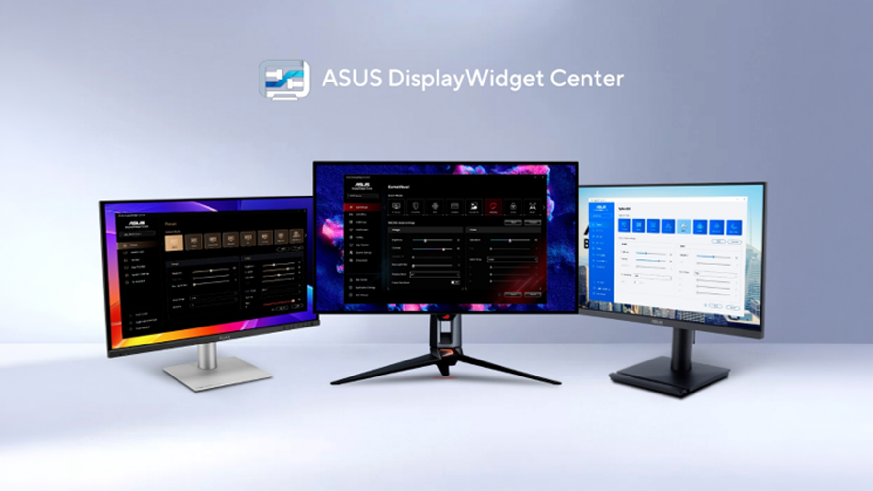 Three ASUS monitors displaying different DisplayWidget Center control interfaces