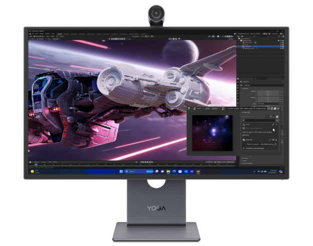 Lenovo Yoga Pro 27UD-10 monitor shown on its stand with the detachable camera above the display.