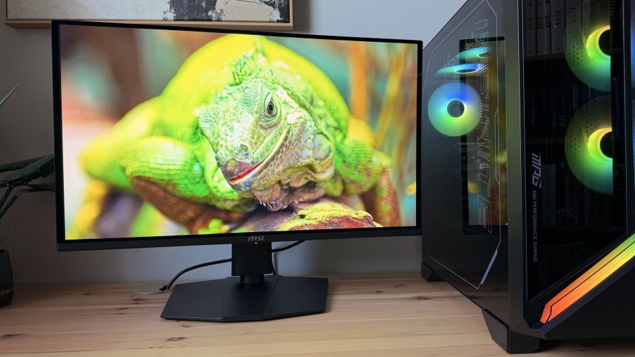 MSI MAG 274QP QD-OLED X24 z obrazem zielonej jaszczurki obok komputera