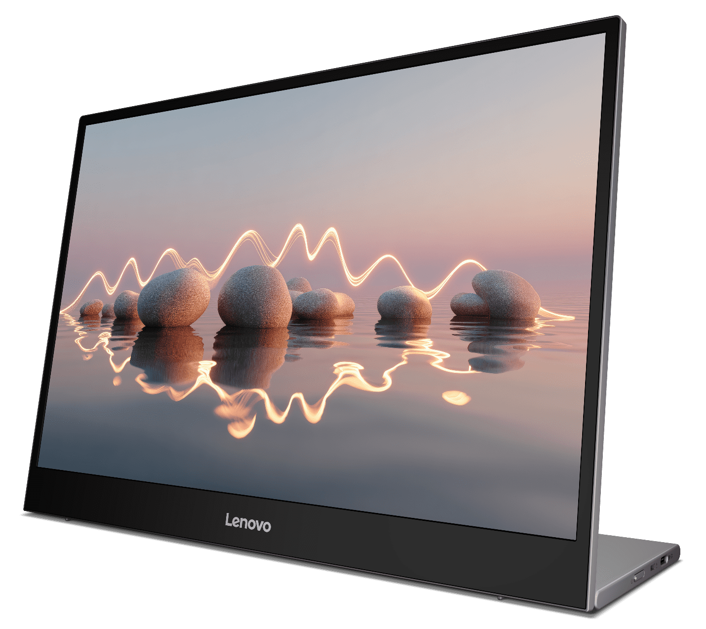 Lenovo L16 portable monitor shown at an angle with its integrated support and USB-C connections visible.