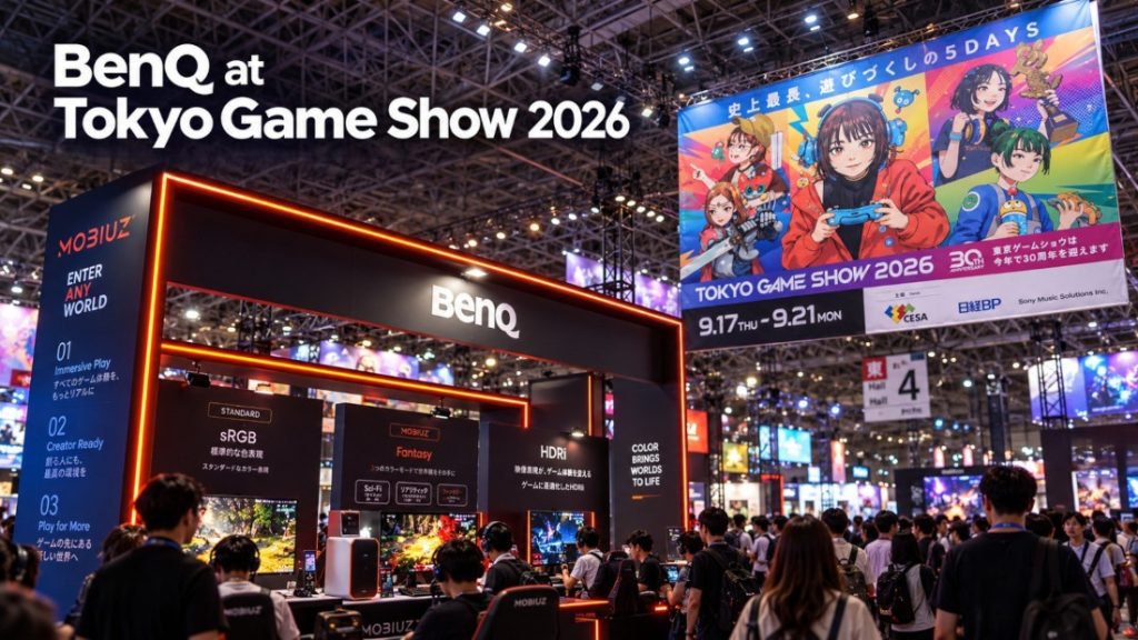 BenQ MOBIUZ booth and visitors at Tokyo Game Show 2026, with the original event lettering