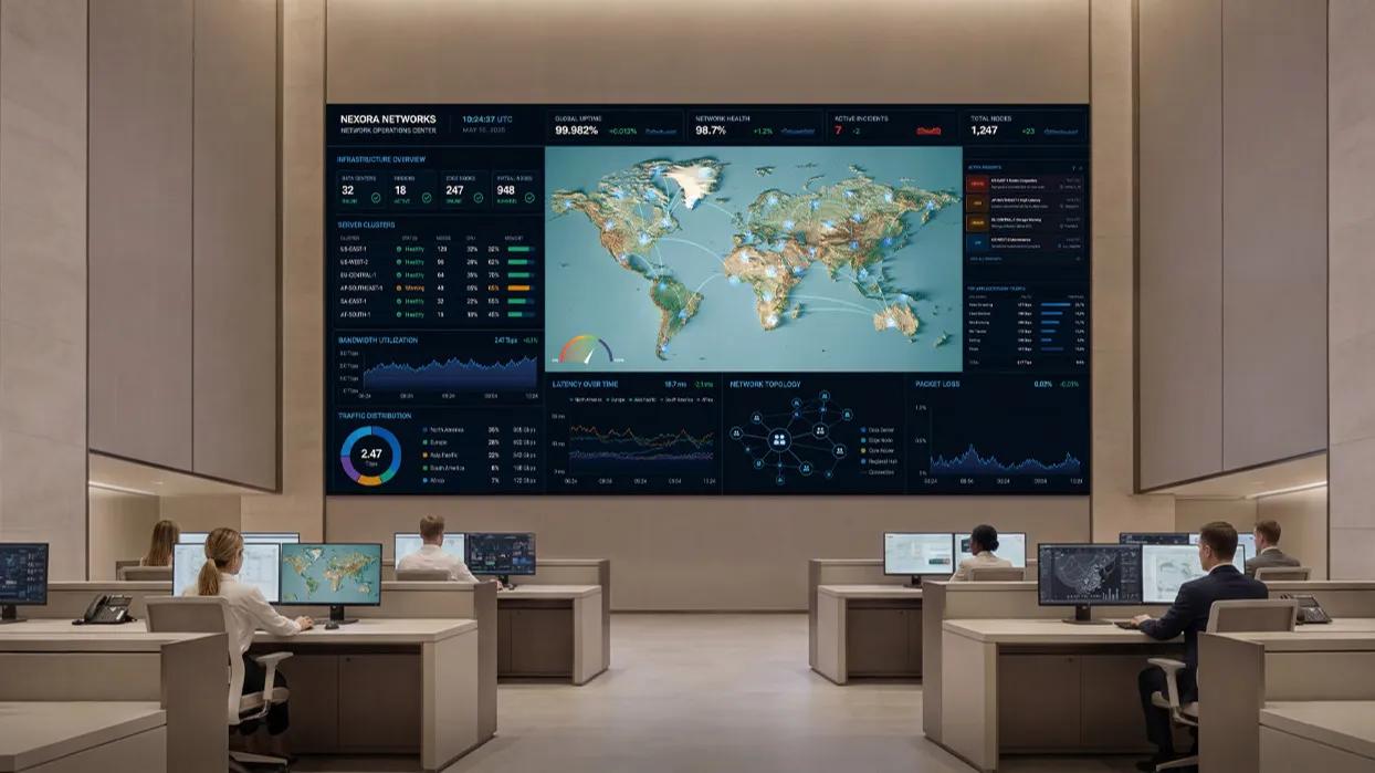 LG illustration of a control room with a large Micro LED wall showing a world map and network dashboards