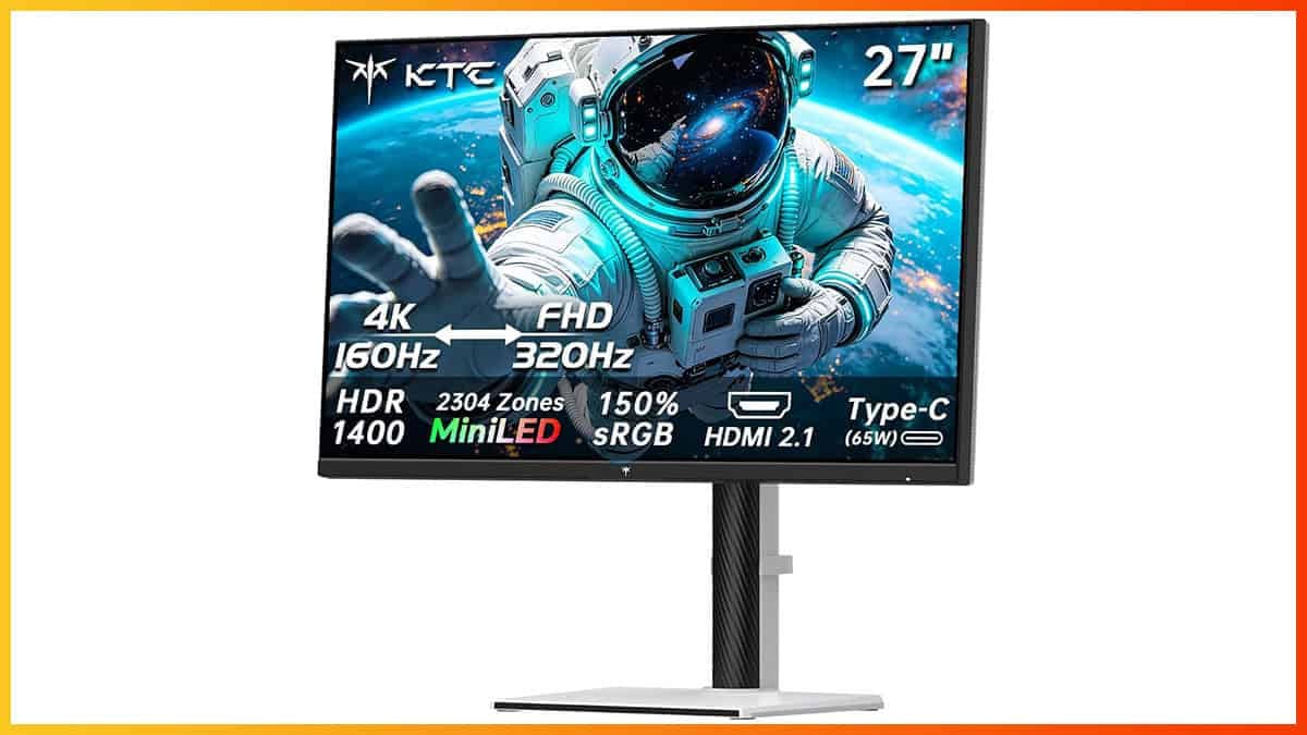 KTC M27P6S product illustration from the DisplayNinja review, retaining the original feature labels and border.