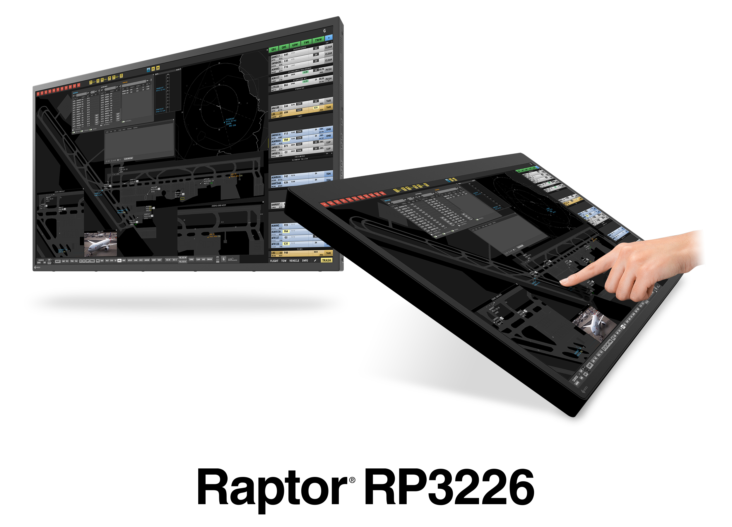 EIZO Raptor RP3226 w pionowym i płaskim ustawieniu z ekranami kontroli ruchu lotniczego