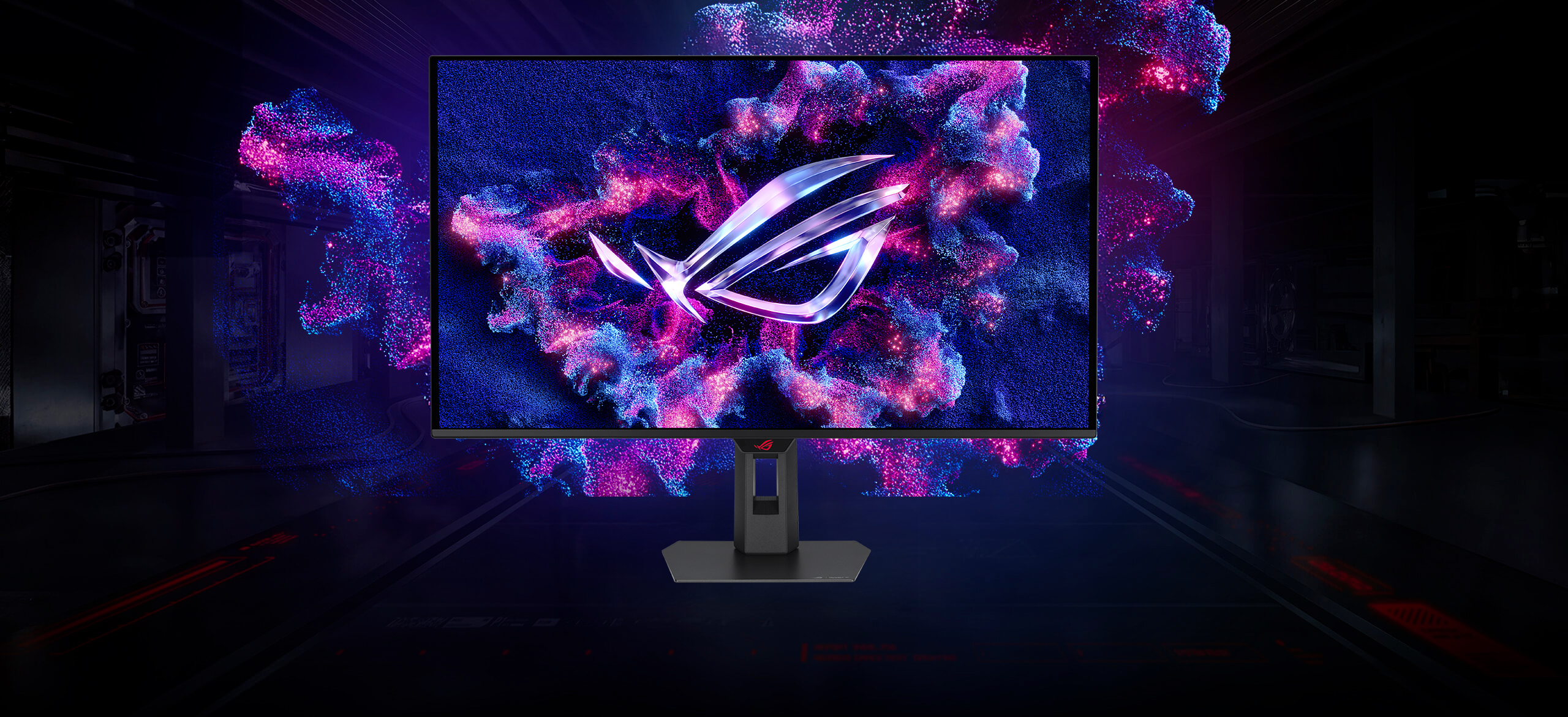 ASUS ROG Strix OLED XG32UQDS shown from the front with the ROG logo and its original purple and blue background