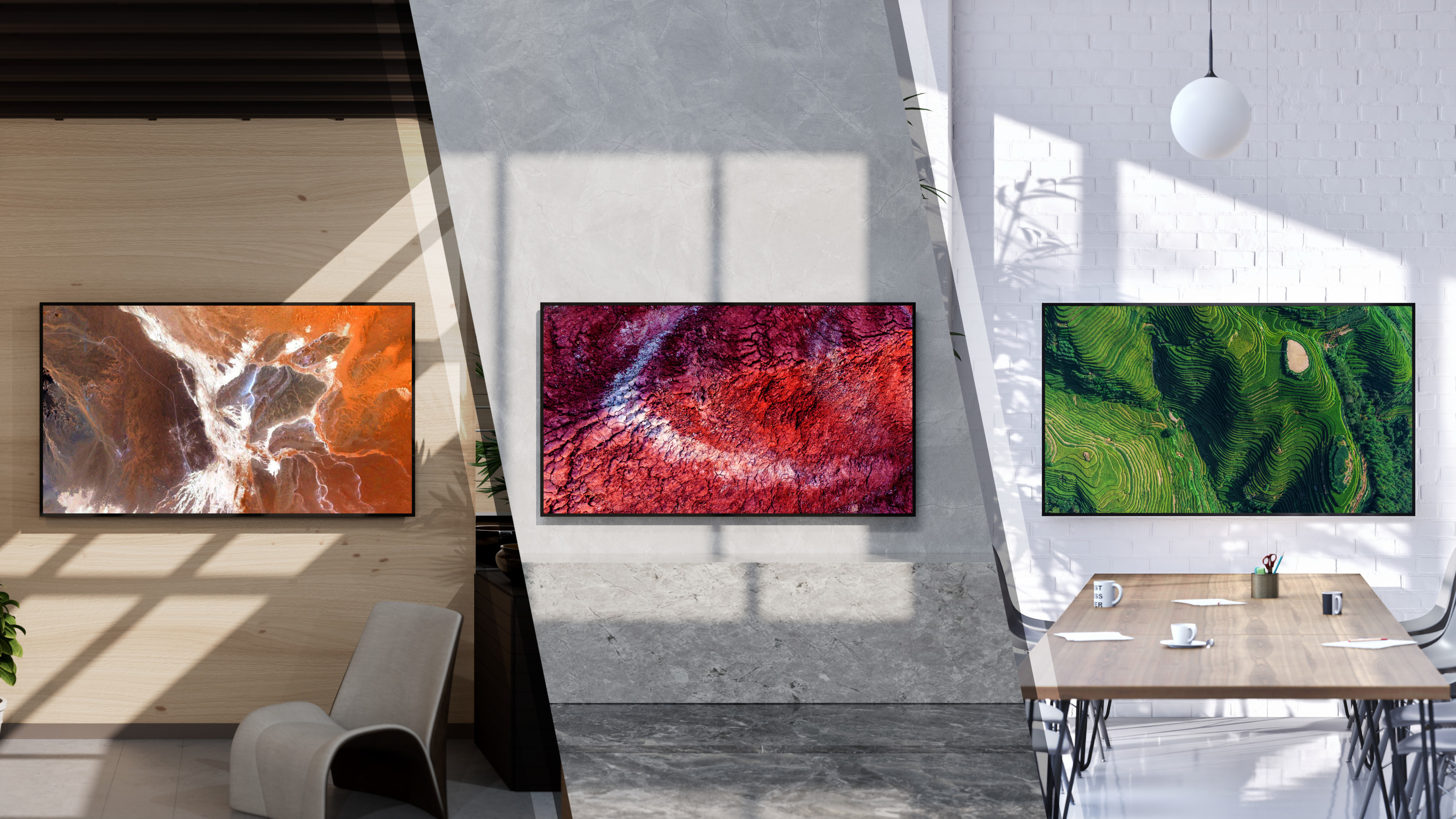 Trzy profesjonalne ekrany Sony BRAVIA BZ-P pokazane w różnych aranżacjach wnętrz.