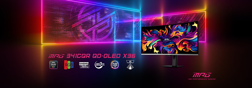 MSI MPG 341CQR QD-OLED X36 product banner with original RGB, UWQHD and 360 Hz markings