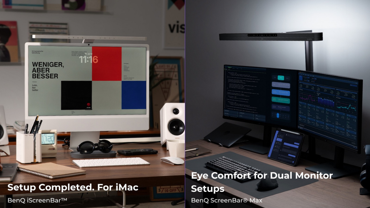 BenQ iScreenBar nad iMakiem oraz ScreenBar Max nad stanowiskiem z dwoma monitorami.