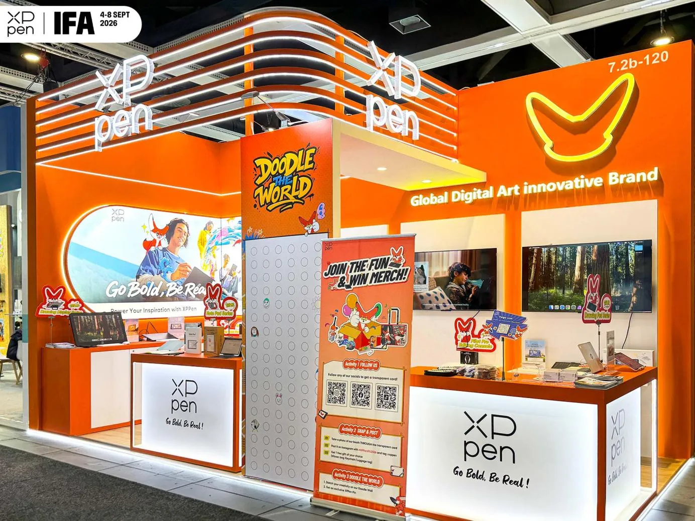 XPPen’s orange IFA 2026 exhibition stand, photographed for the Magic Pro 13 preview announcement.