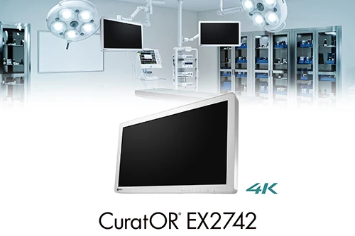 EIZO CuratOR EX2742 illustrated with a compact surgical monitor and operating-room background.