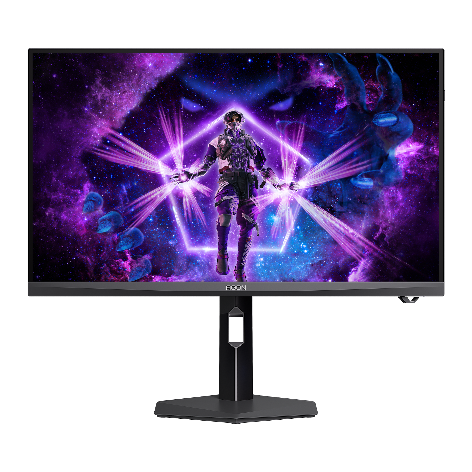 Front view of the AOC AGON AGP277QKM with its original purple gaming scene and AGON logo