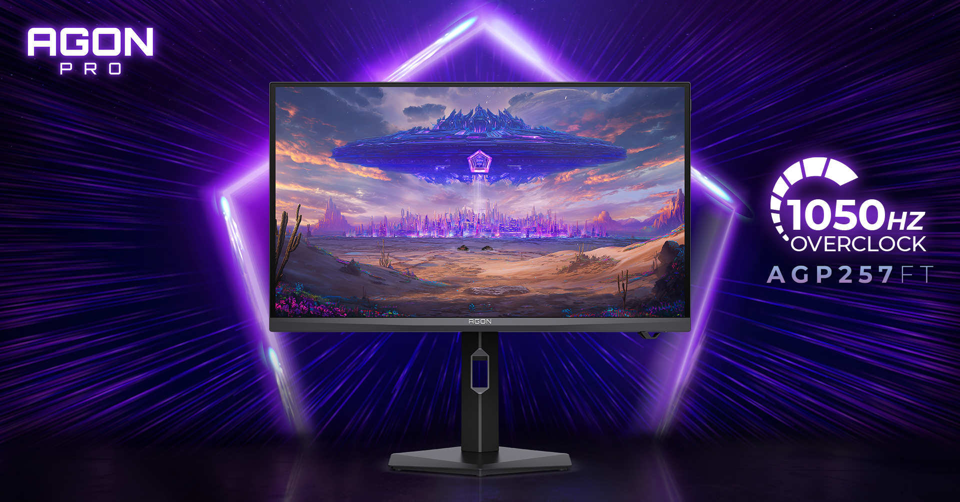 AGON PRO AGP257FT monitor with the original 1050 Hz overclock label on a purple background