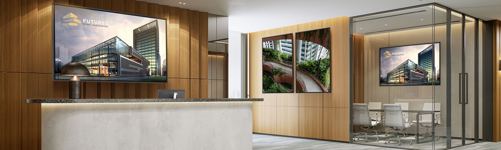 Original ViewSonic CDEG3 series illustration showing commercial displays in a reception area and a meeting room