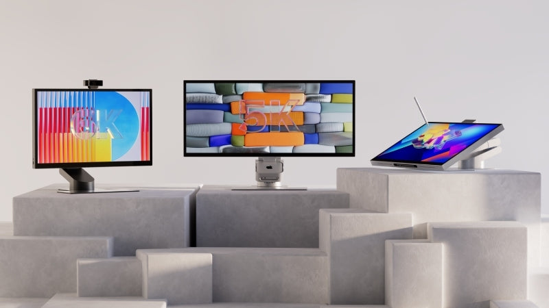 ALOGIC’s IFA 2026 monitor lineup arranged on display plinths, including 6K, 5K and reclining touch models.
