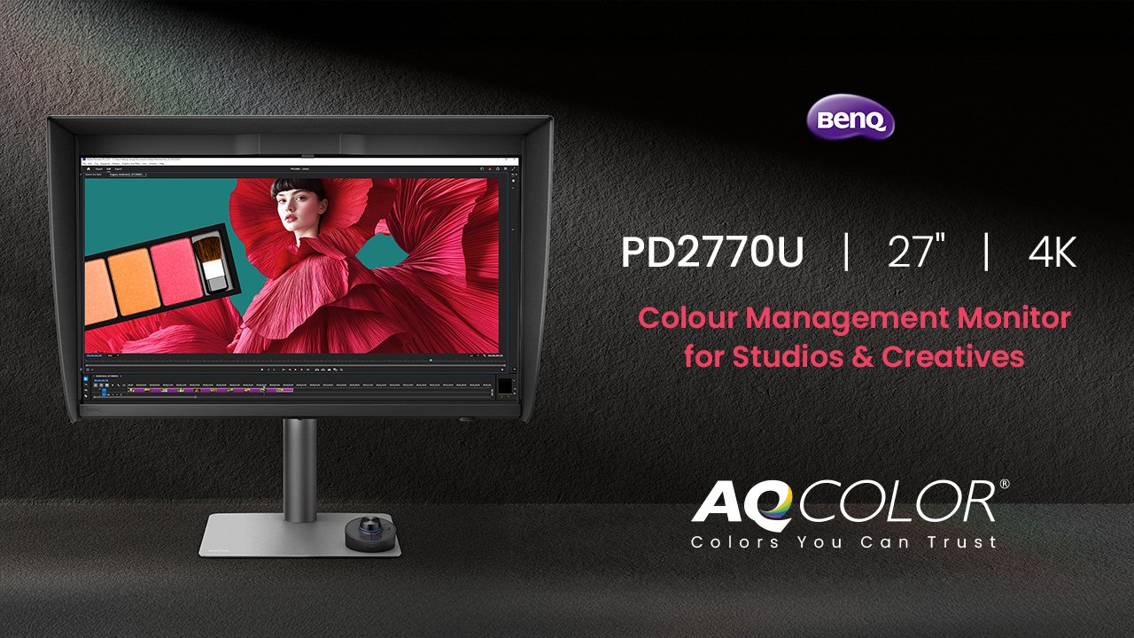 BenQ PD2770U z osłoną ekranu, kontrolerem Hotkey Puck i oryginalnym opisem monitora do zarządzania kolorem