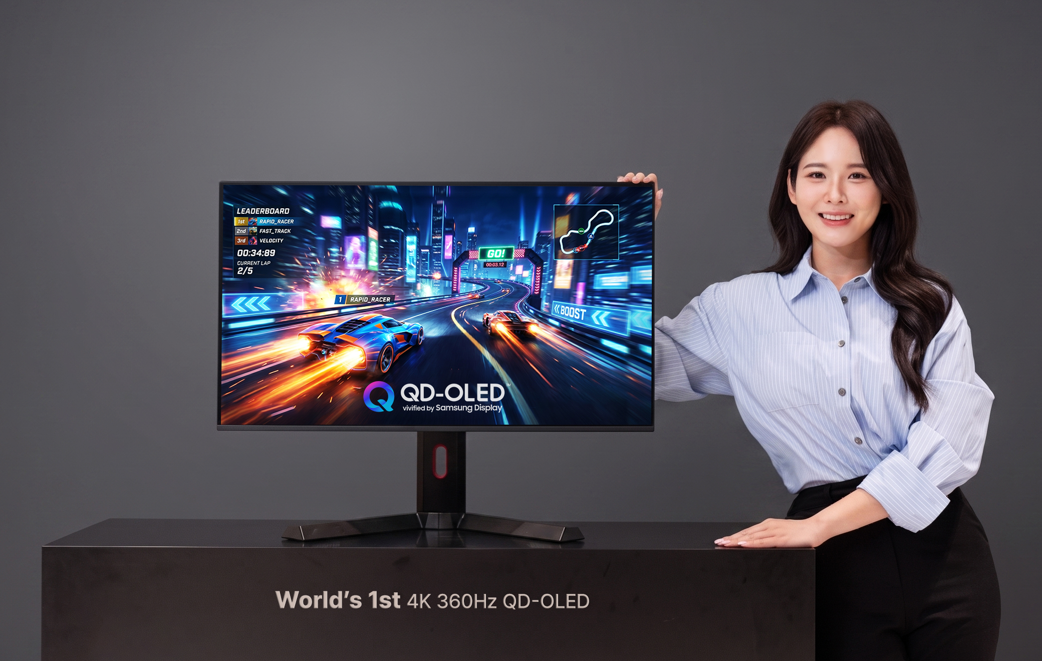 Samsung Display demonstrates its 31.5-inch 4K 360Hz QD-OLED panel with a racing scene.