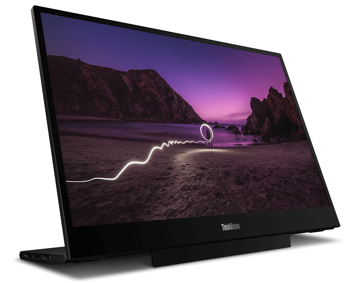 Lenovo ThinkVision M16 portable monitor shown with its folding base in the original MWC press image.