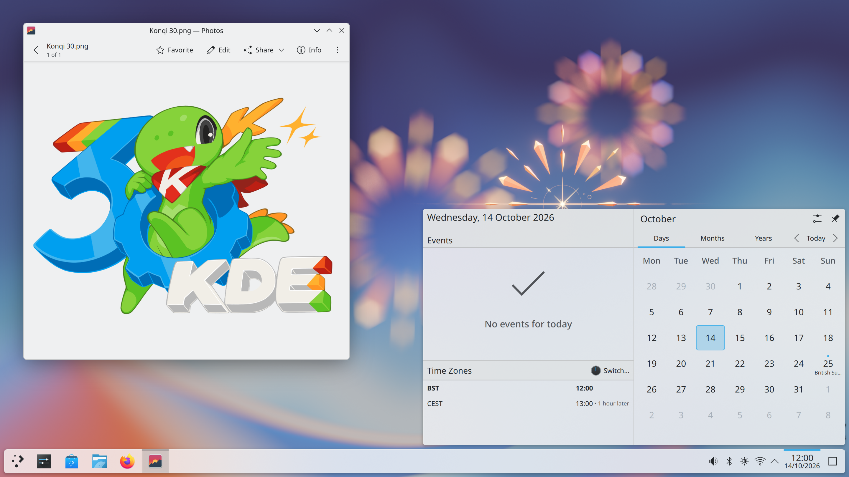 Official Plasma 6.8 desktop screenshot with KDE anniversary artwork and calendar