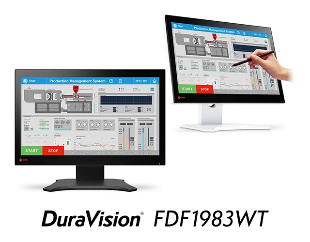 Black and white EIZO DuraVision FDF1983WT desktop monitors, including stylus interaction.