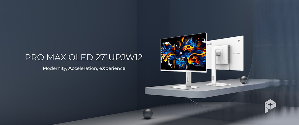 MSI PRO MAX OLED 271UPJW12 shown from the front and rear on the original launch graphic.