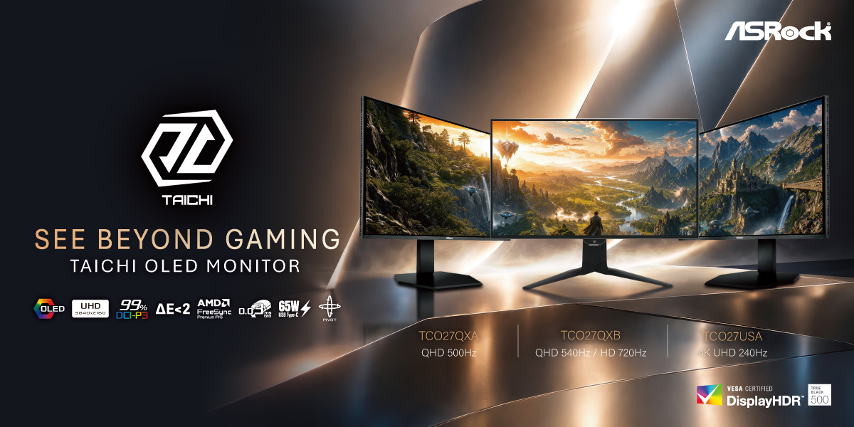ASRock press graphic showing the three Taichi OLED monitors with model labels and refresh-rate modes