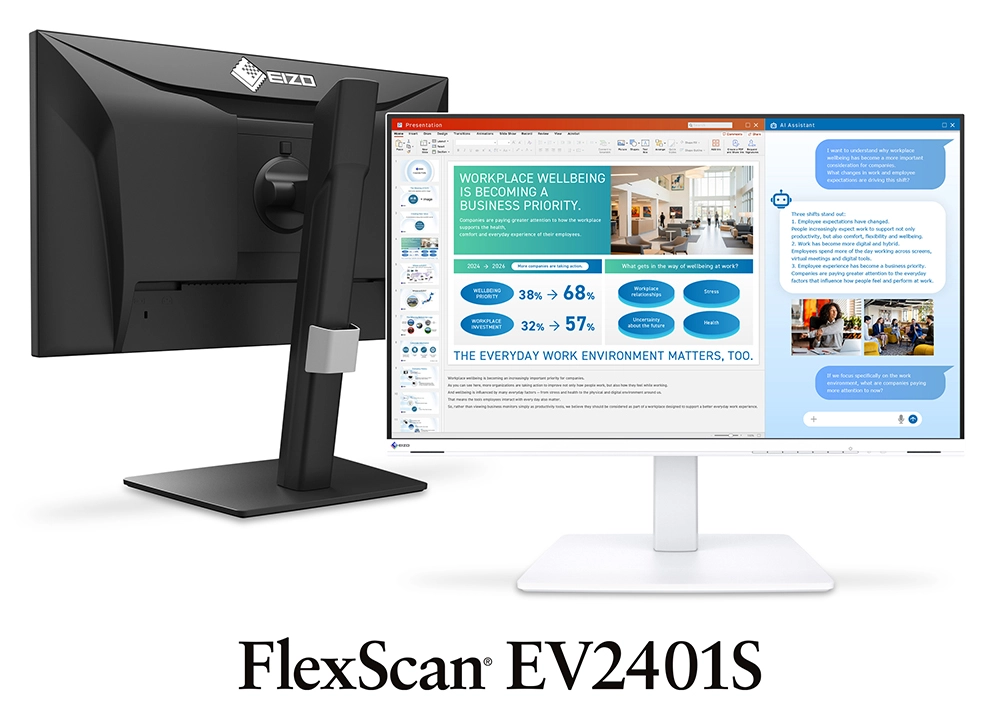 EIZO FlexScan EV2401S press image showing the white monitor from the front and the black monitor from behind