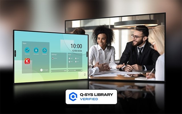 Sharp professional displays in a meeting-room illustration with the original Q-SYS Library Verified badge.