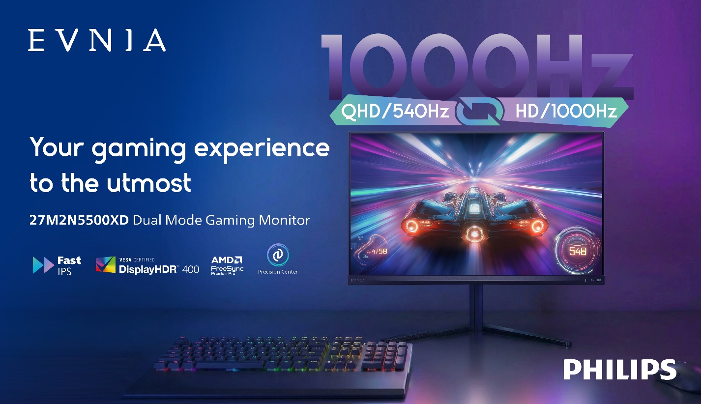 Original Philips Evnia 27M2N5500XD promotional image retaining the HD 1000 Hz and QHD 540 Hz labels.